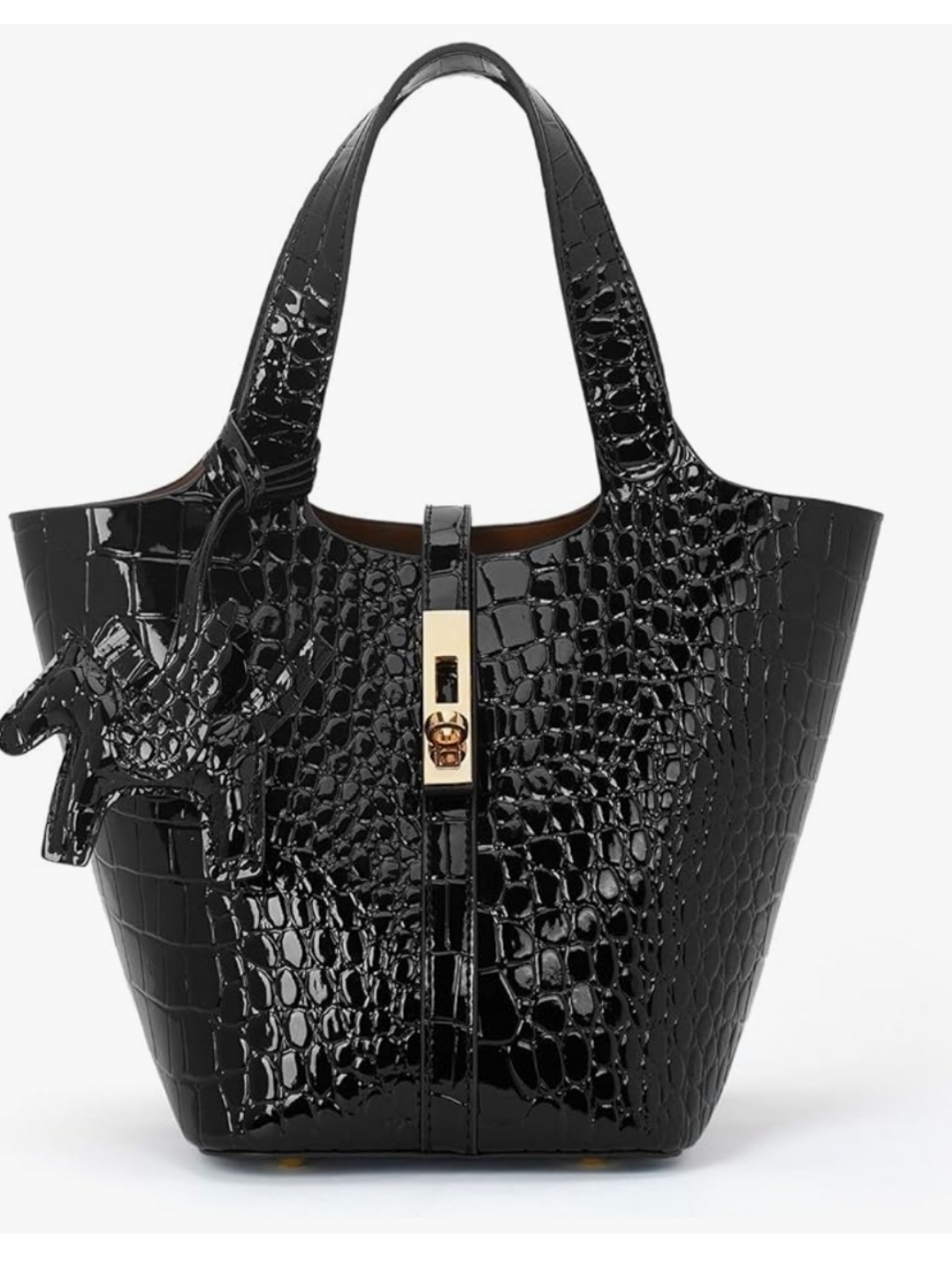 1 Left! Black Croc-Embossed Vegan Leather Bucket Top Handle Handbag